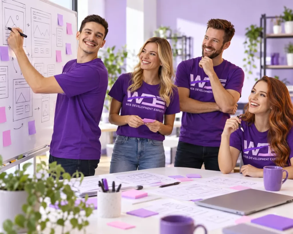 Web Development Experts team planning a website at a whiteboard