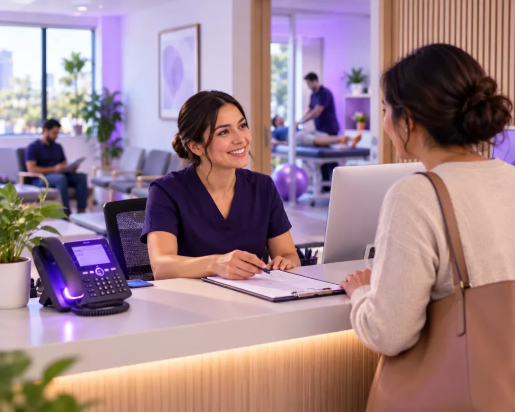 Clinic receptionist helping a patient while the AI receptionist answers the phone
