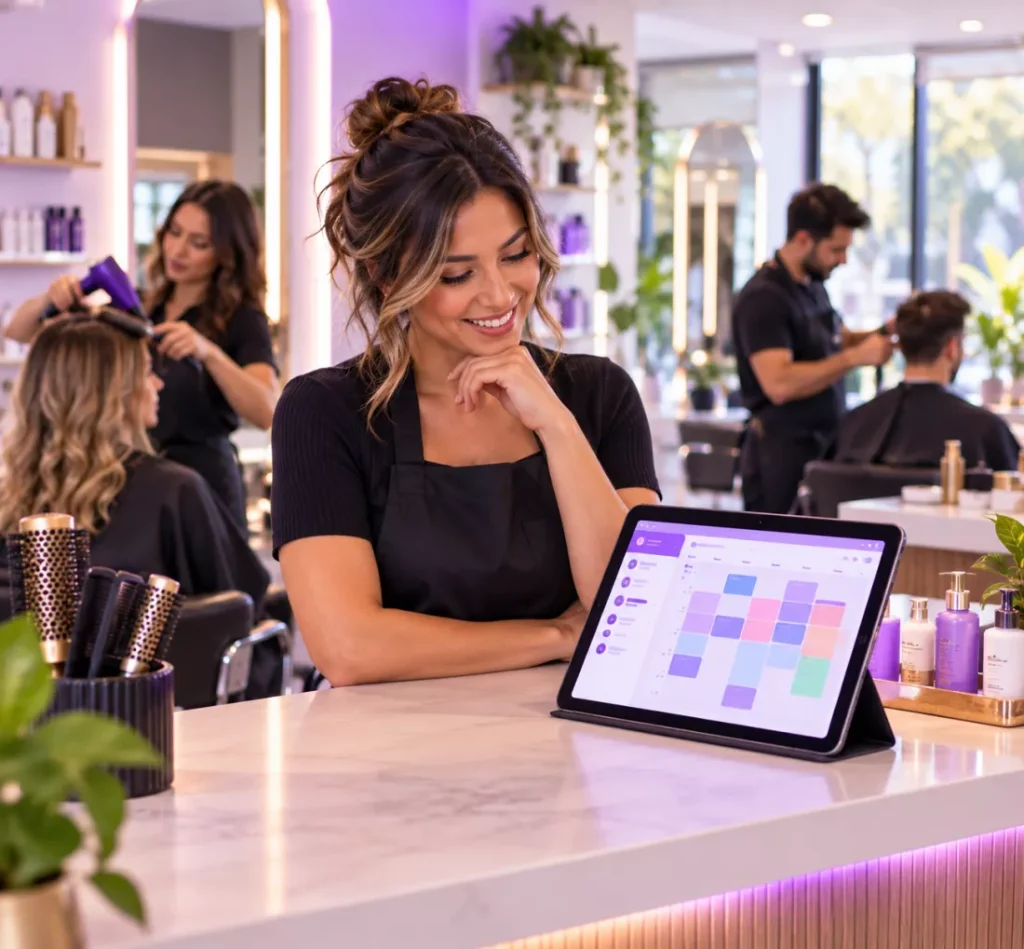 Salon owner checking a full booking calendar on a tablet