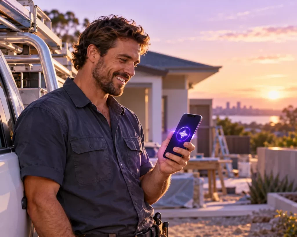 Tradie beside his ute as an AI receptionist answers a call on his phone