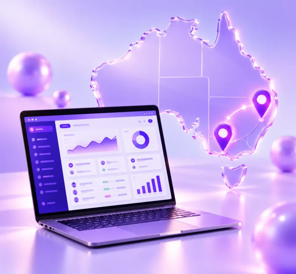Map of Australia with Melbourne and Sydney pins beside a software dashboard
