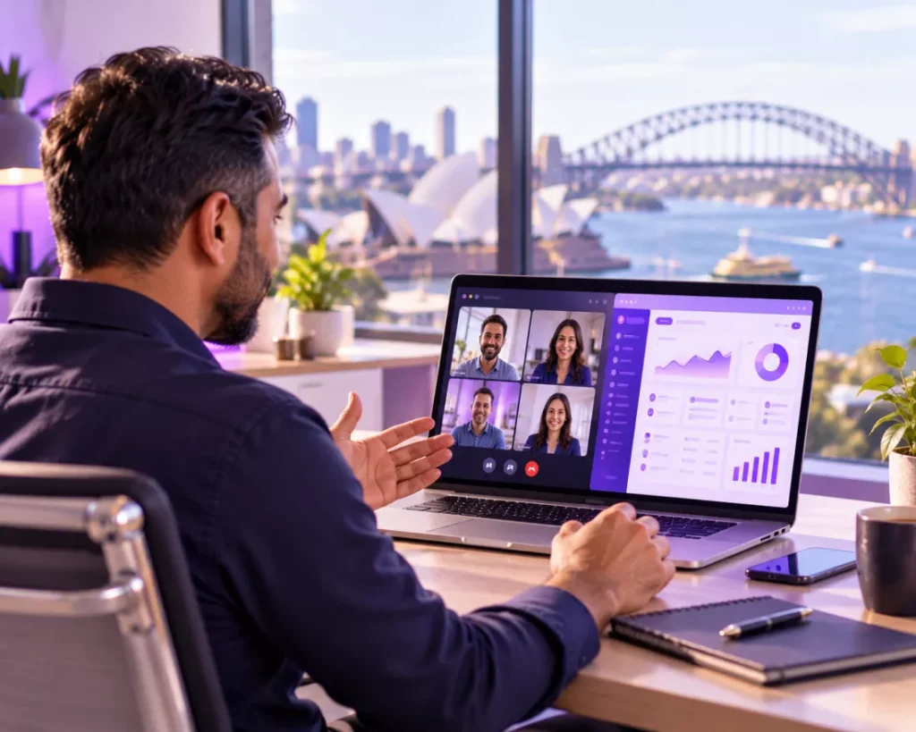 Sydney business owner on a video call about custom software, Harbour Bridge in the background
