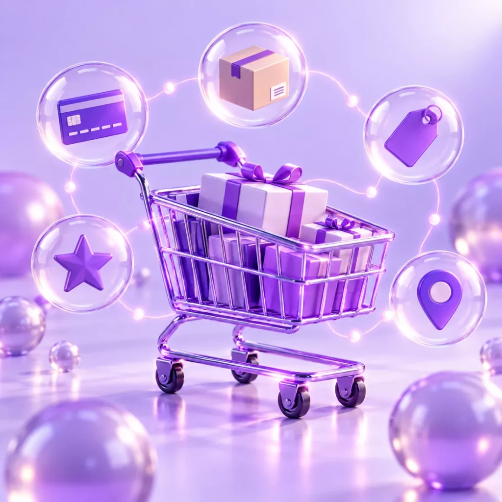 Shopping cart with payment, delivery and price tag icons