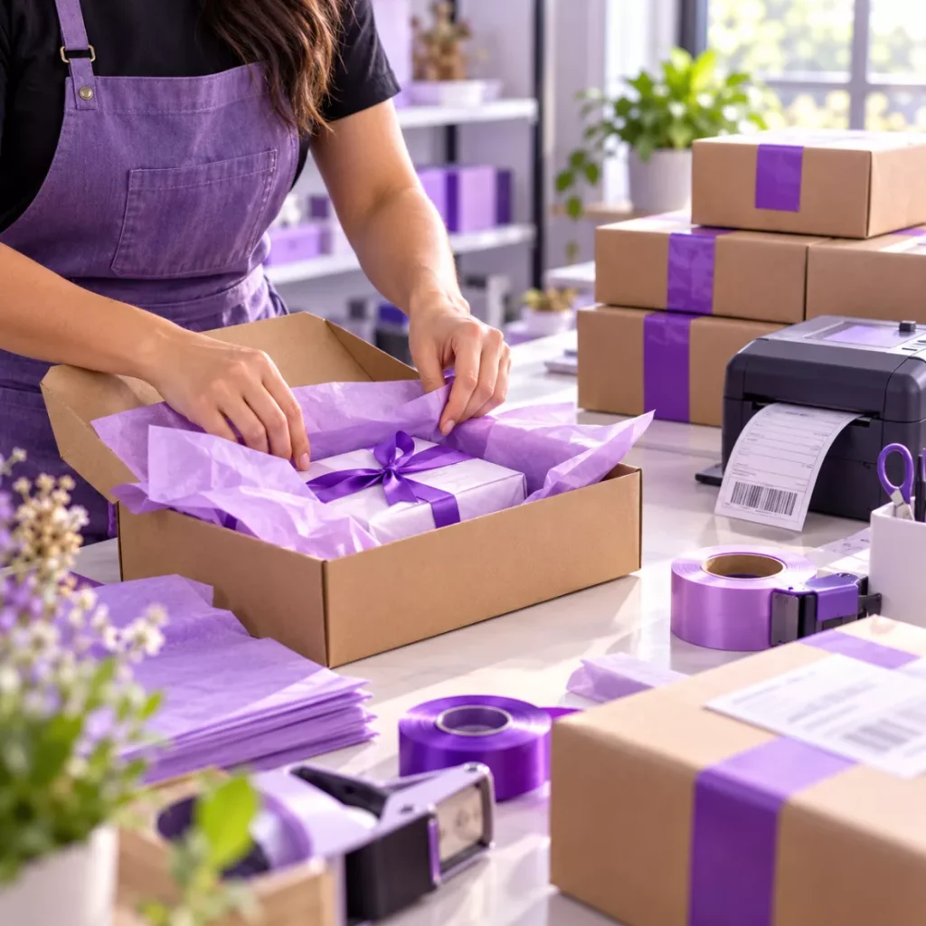 Online store order being packed for delivery
