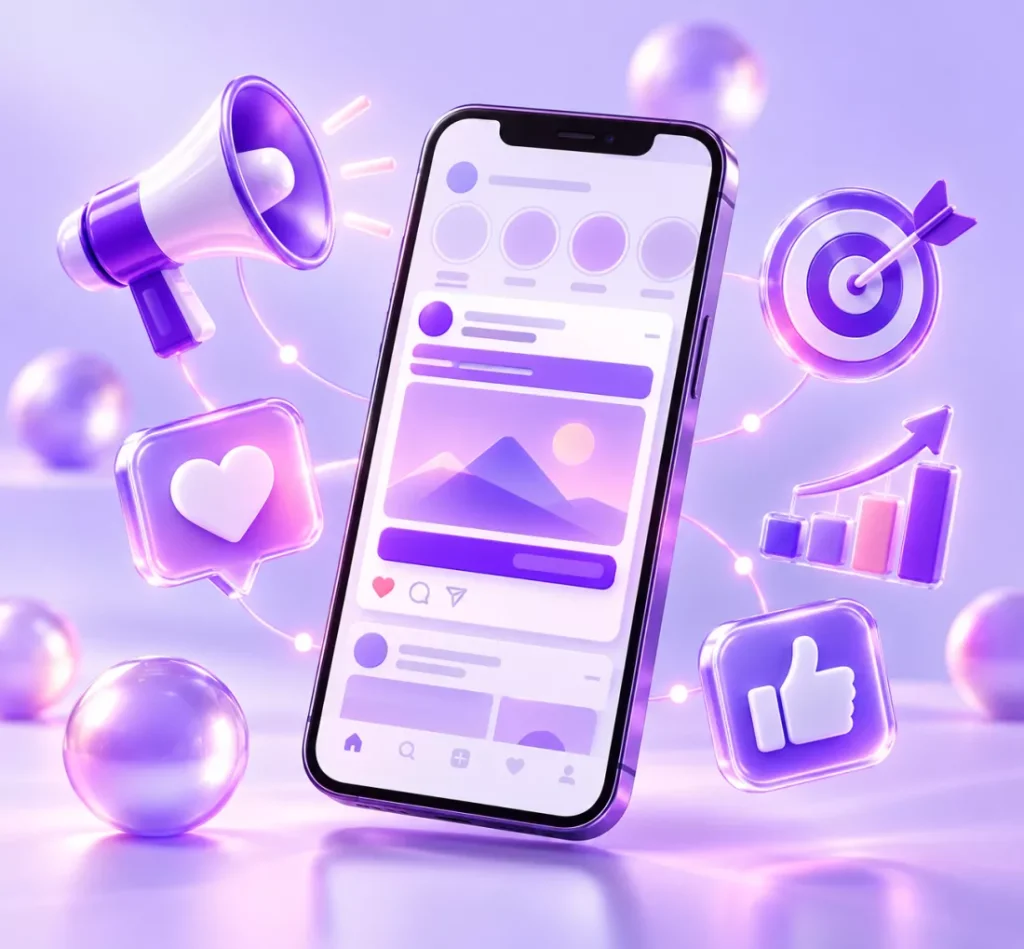 Sponsored post on a phone with like, target and growth icons
