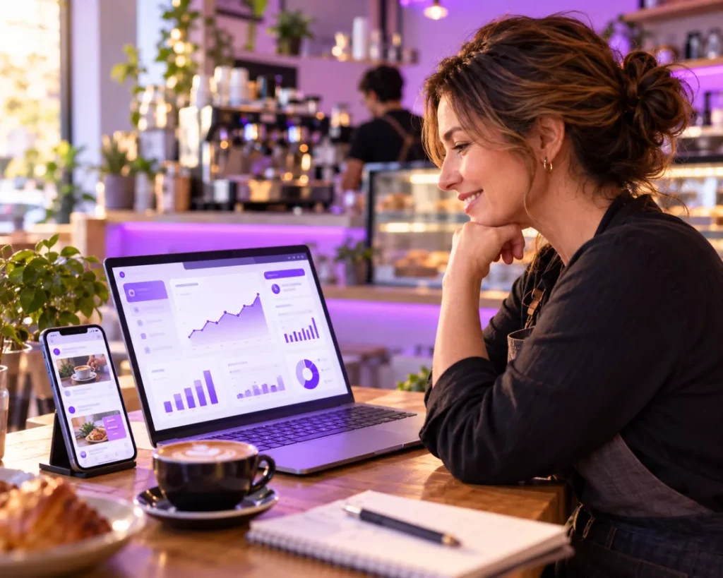 Cafe owner checking Facebook ad results on a laptop