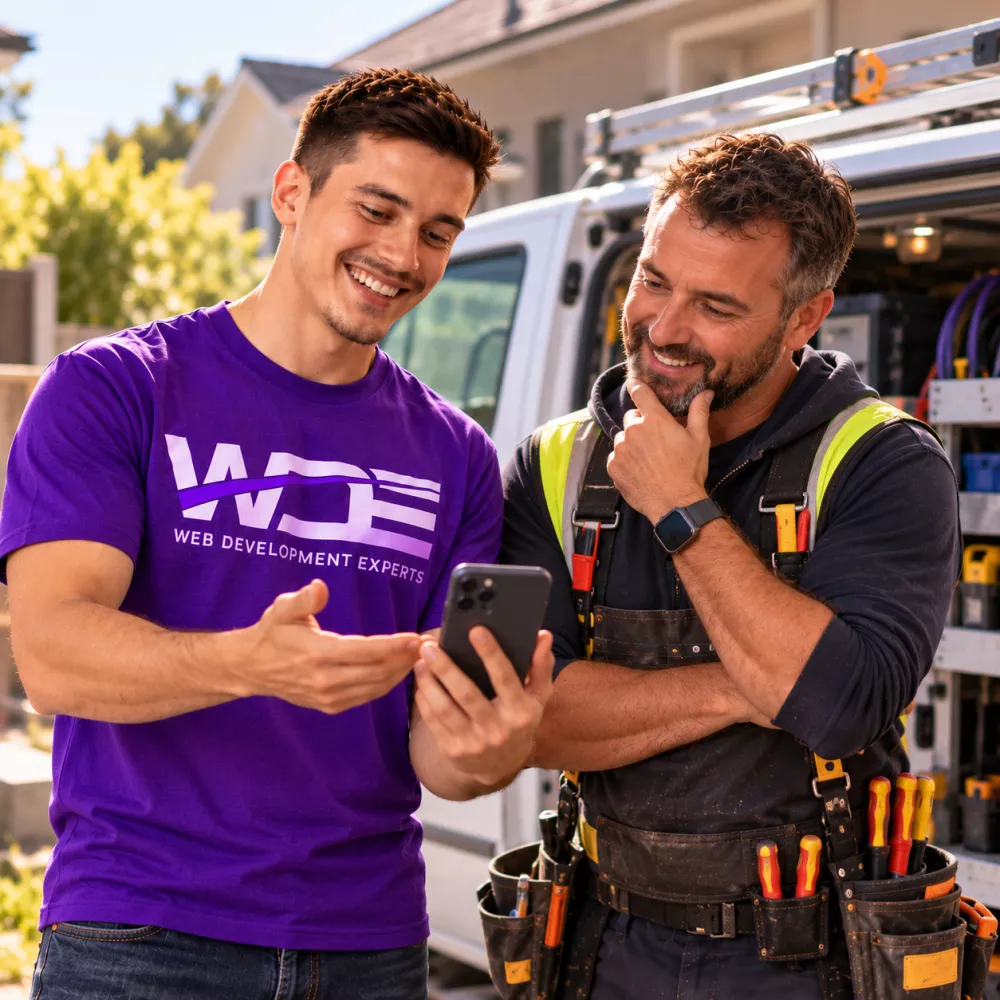 Web Development Experts consultant showing an electrician how the AI receptionist answers calls