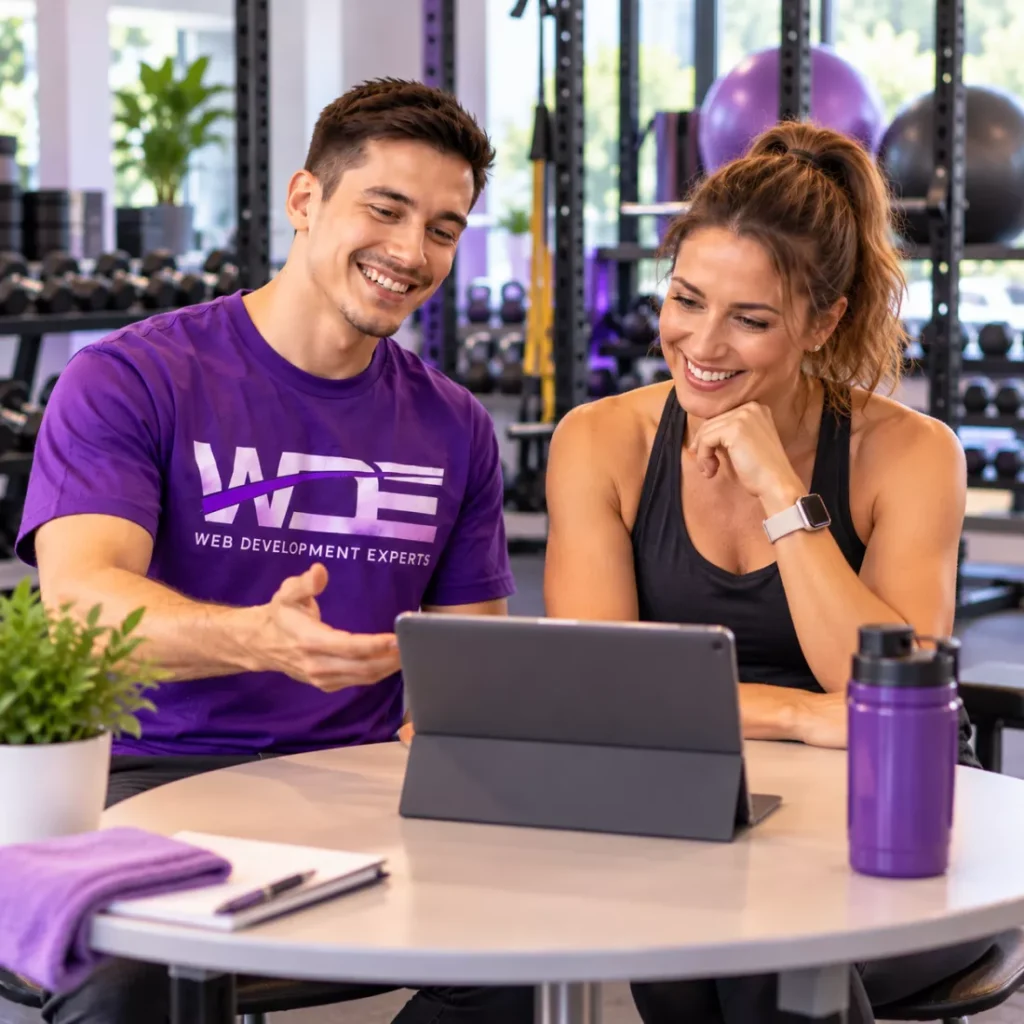 Web Development Experts consultant going through marketing results with a gym owner