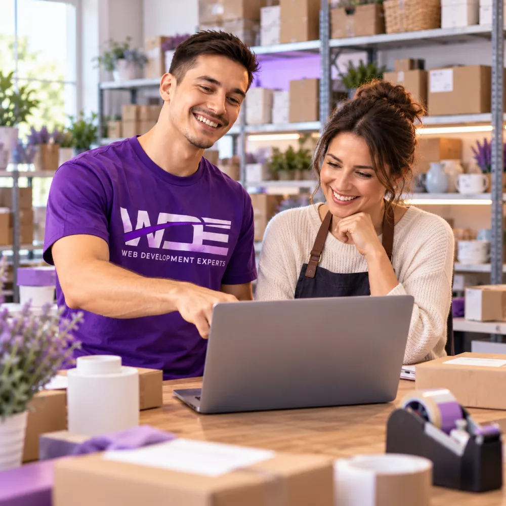 Web Development Experts consultant with an online store owner in her stockroom