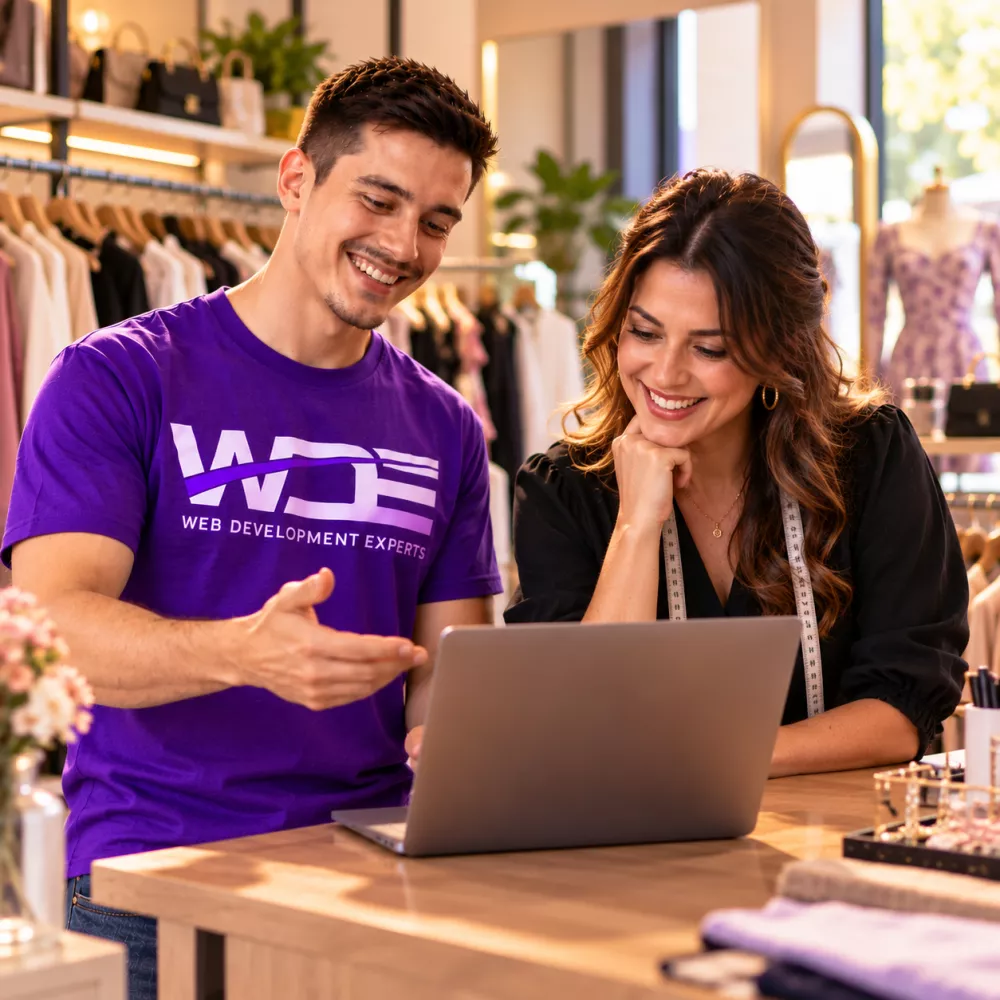 Web Development Experts consultant going through ad results with a boutique owner