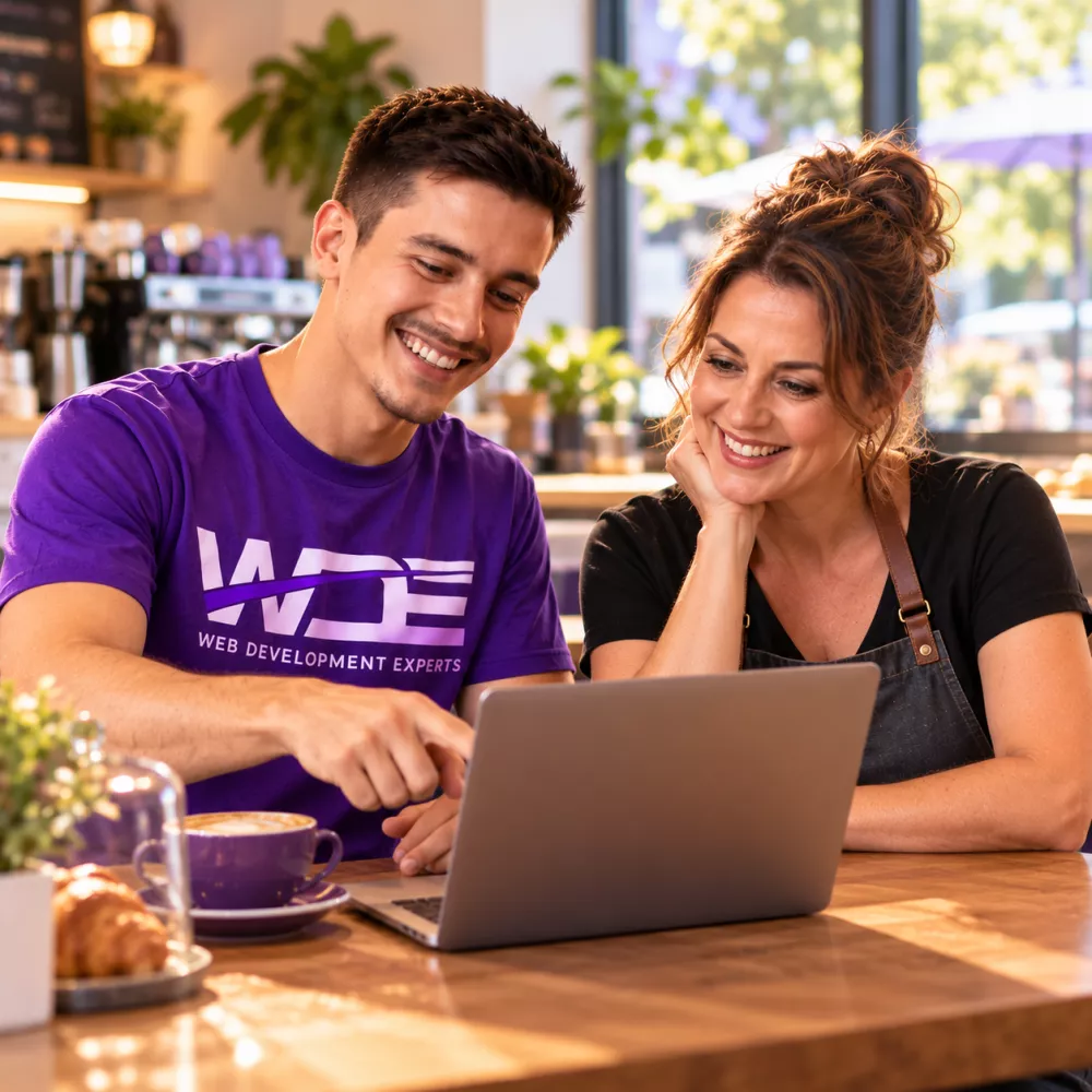 Web Development Experts consultant showing a cafe owner her new website