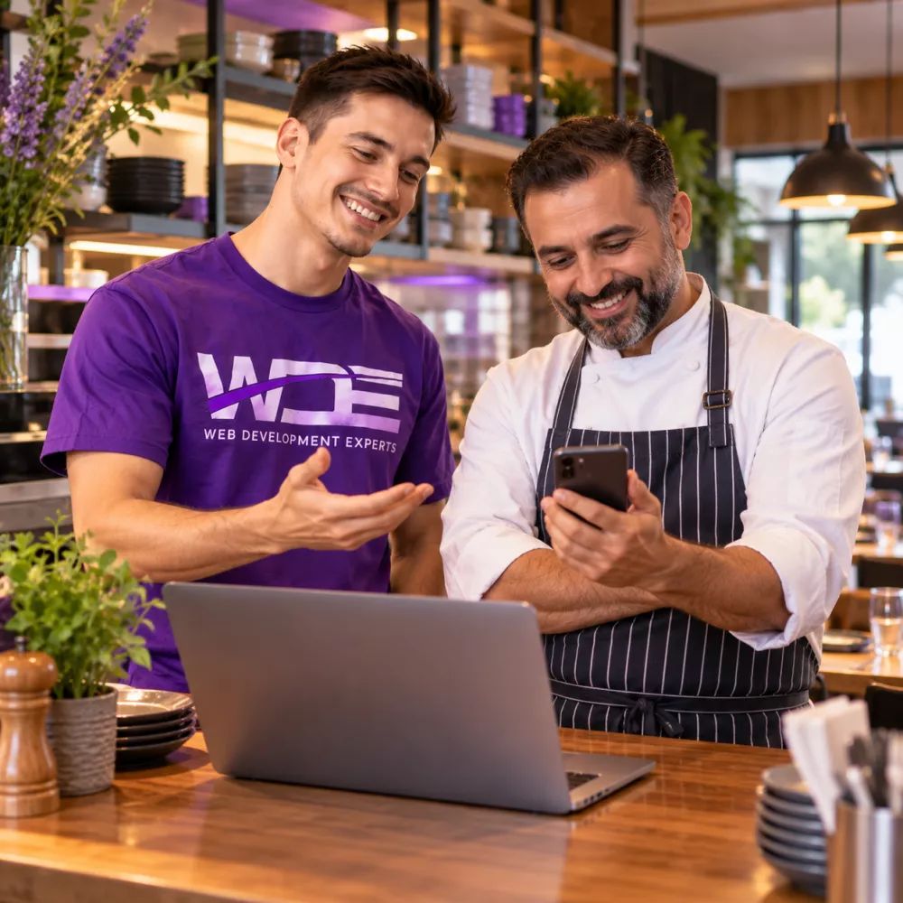 Web Development Experts consultant with a restaurant owner checking his website on a phone
