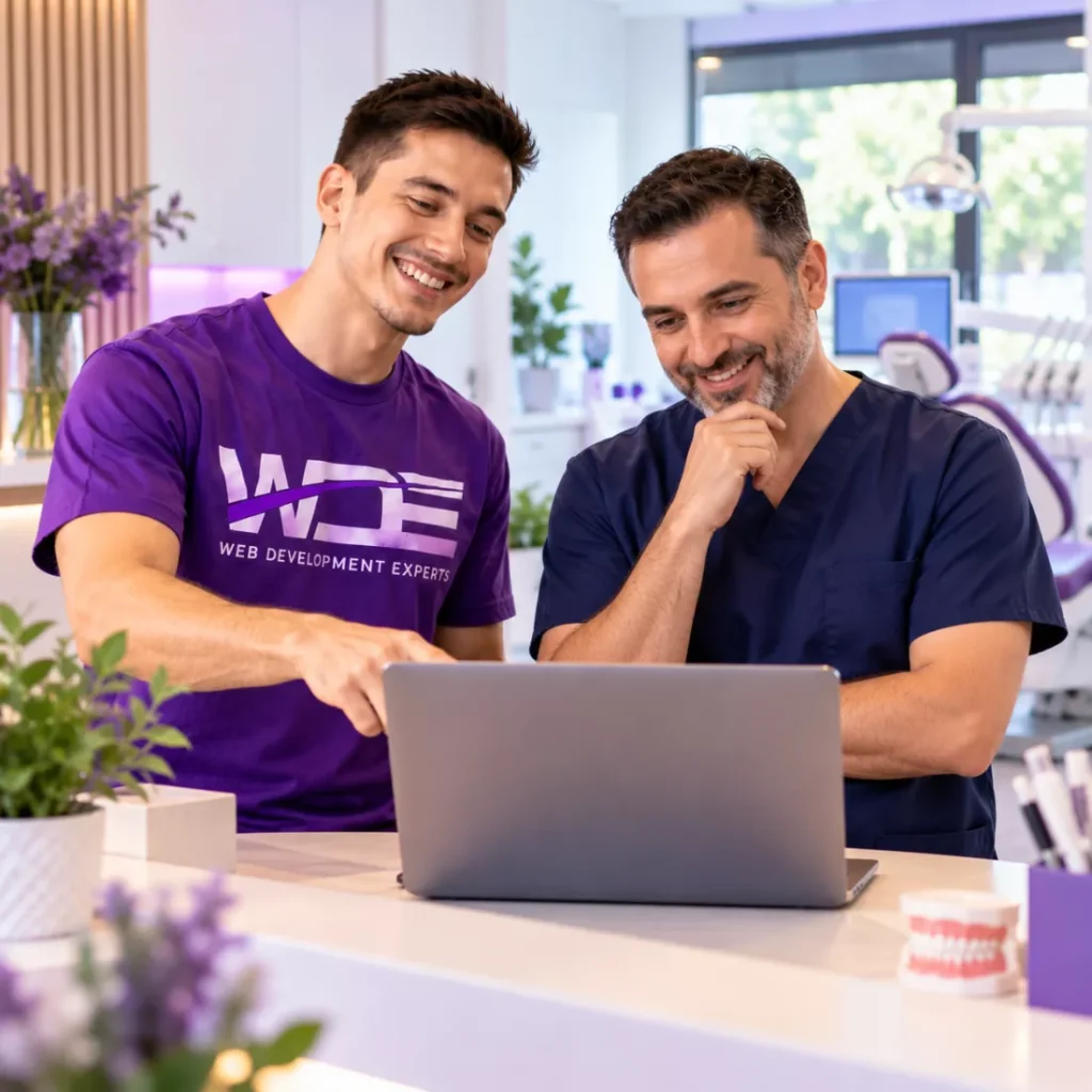 Web Development Experts consultant showing a dentist his clinic's new website