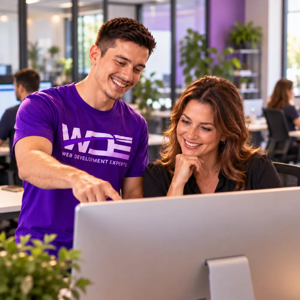 Web Development Experts consultant reviewing a web application with an operations manager