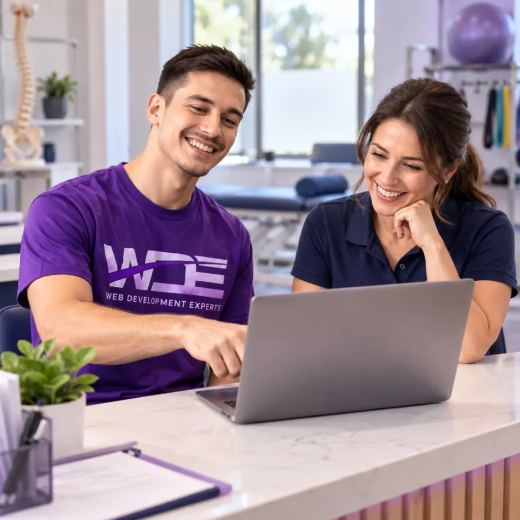 Web Development Experts consultant showing a clinic owner her website check