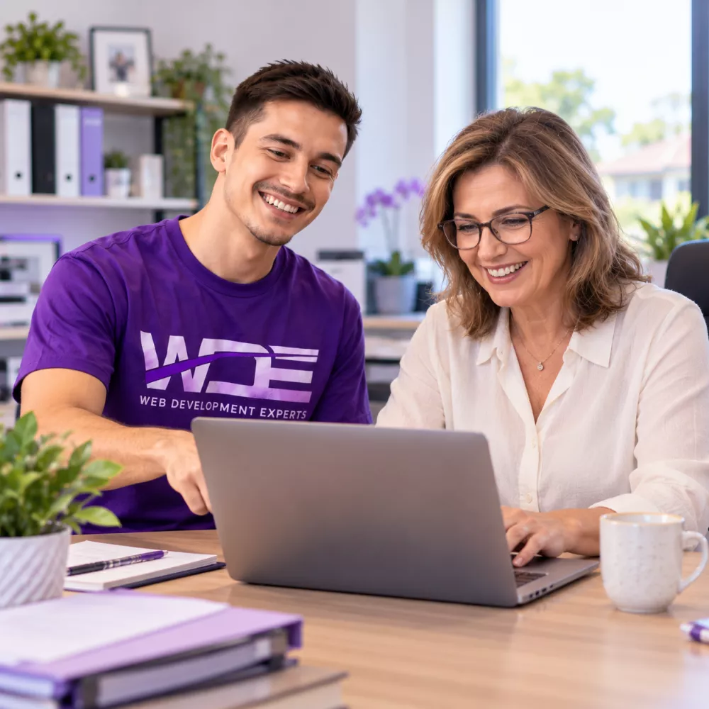 Web Development Experts consultant showing a business owner how to edit her WordPress website