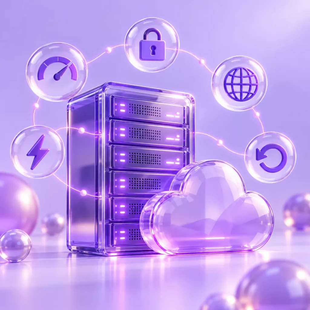 Web hosting server and cloud with security, speed and backup icons