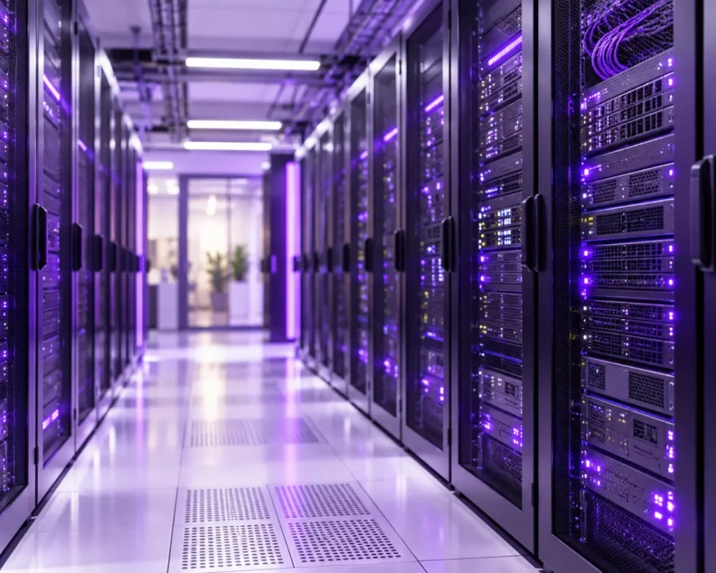 Server room with rows of web hosting servers