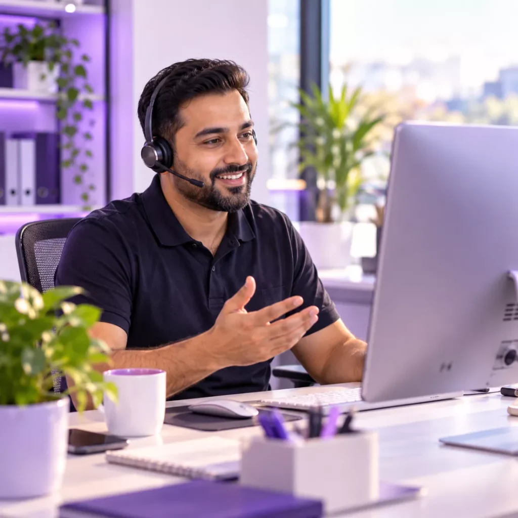 Hosting support technician talking to a customer on a headset