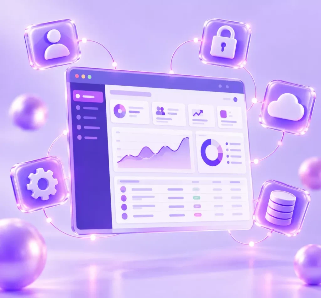 Web application dashboard with user, security, cloud and database icons
