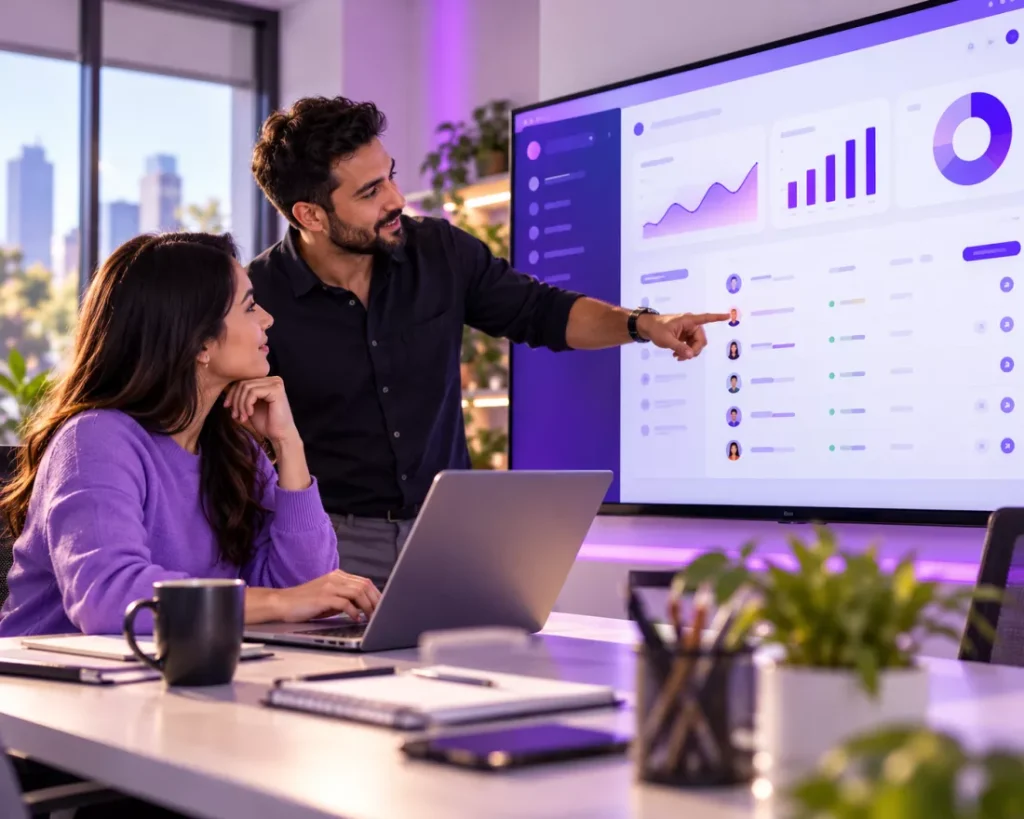 Team reviewing a web application dashboard on a large screen