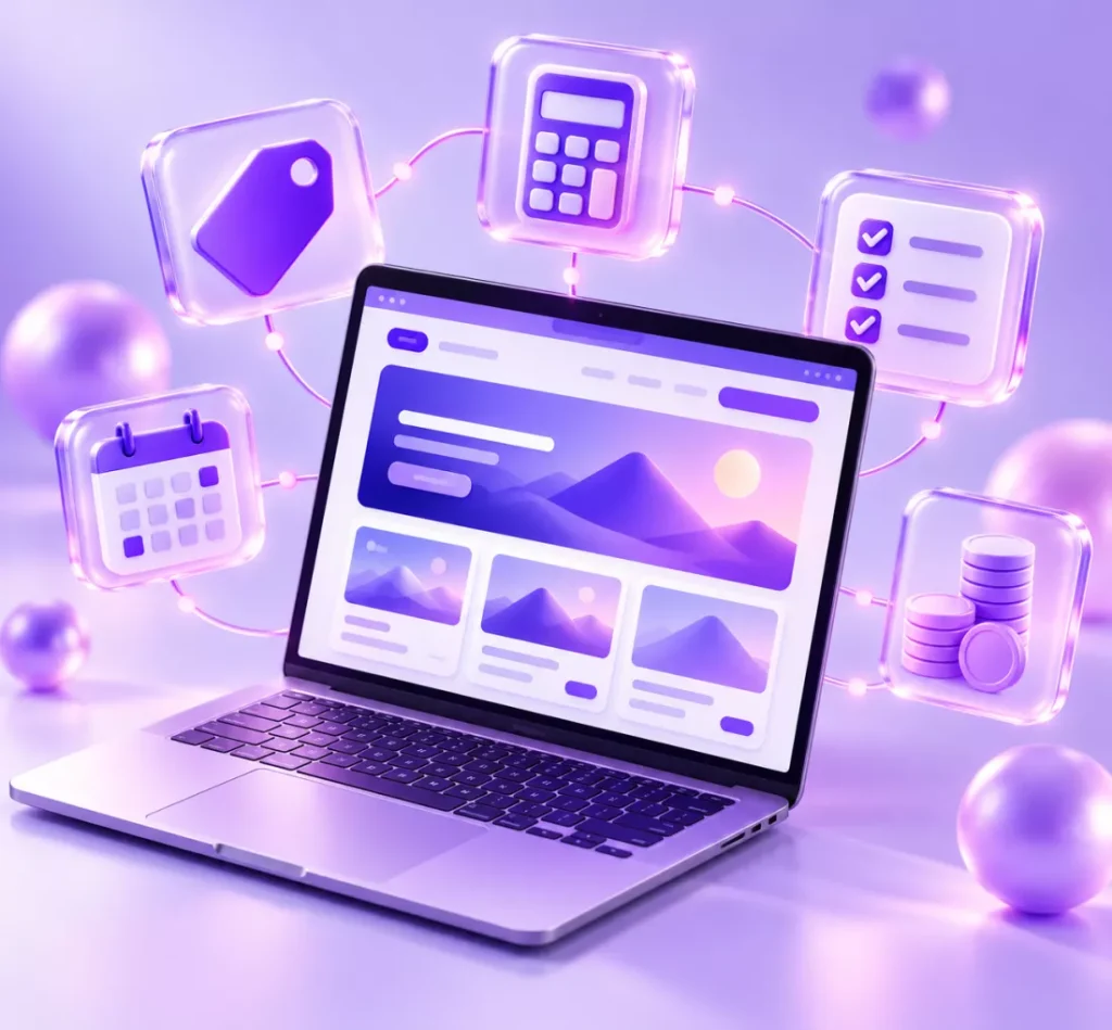 Laptop showing a website design with price tag, calculator and checklist icons