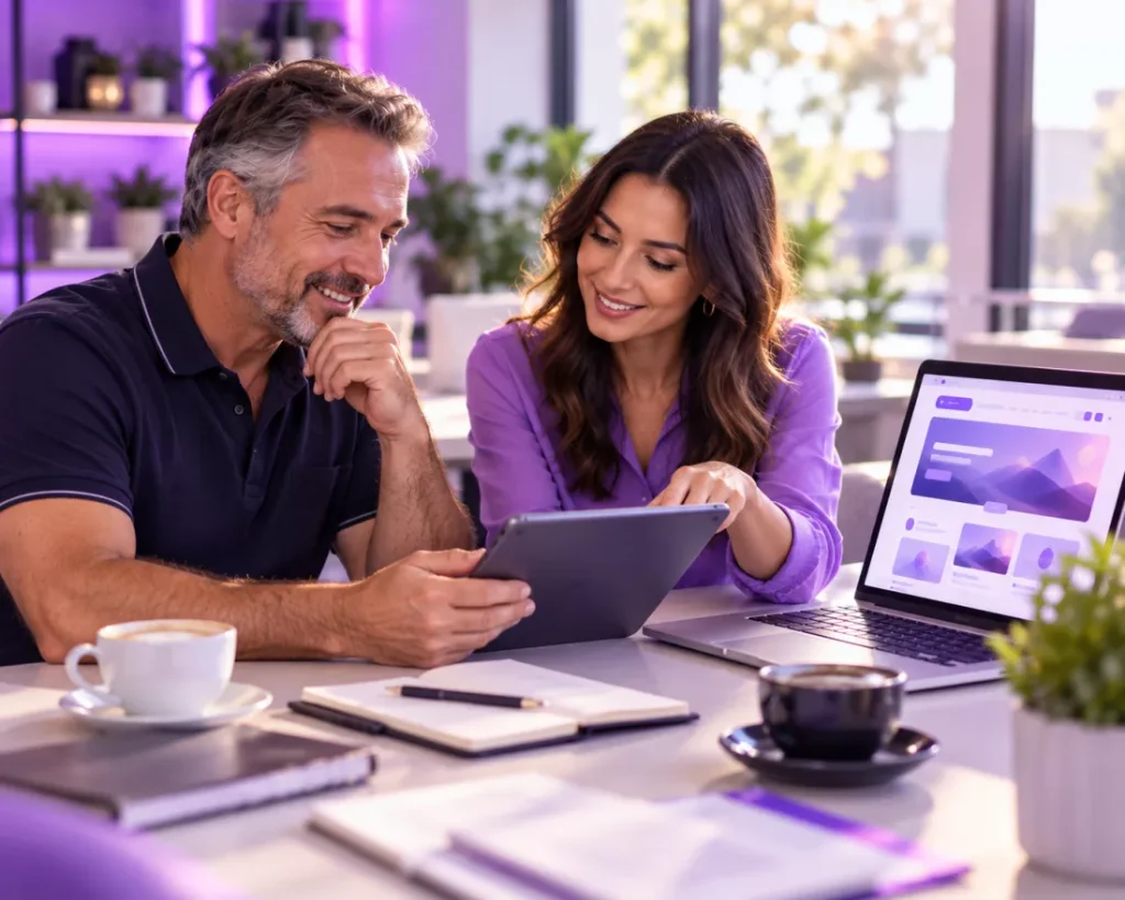 Business owner and web consultant going through a website quote