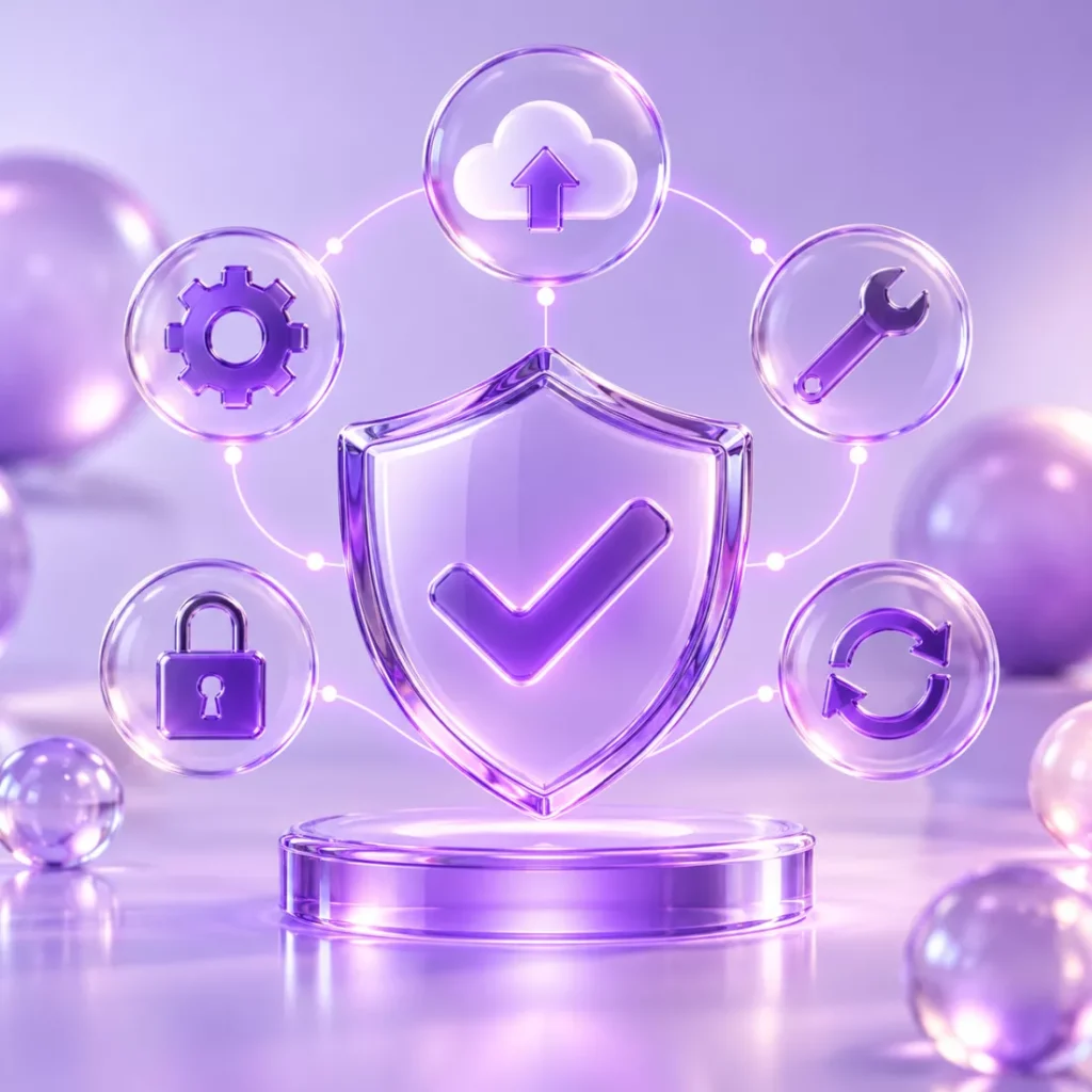 Website maintenance: security shield with update, backup and repair icons