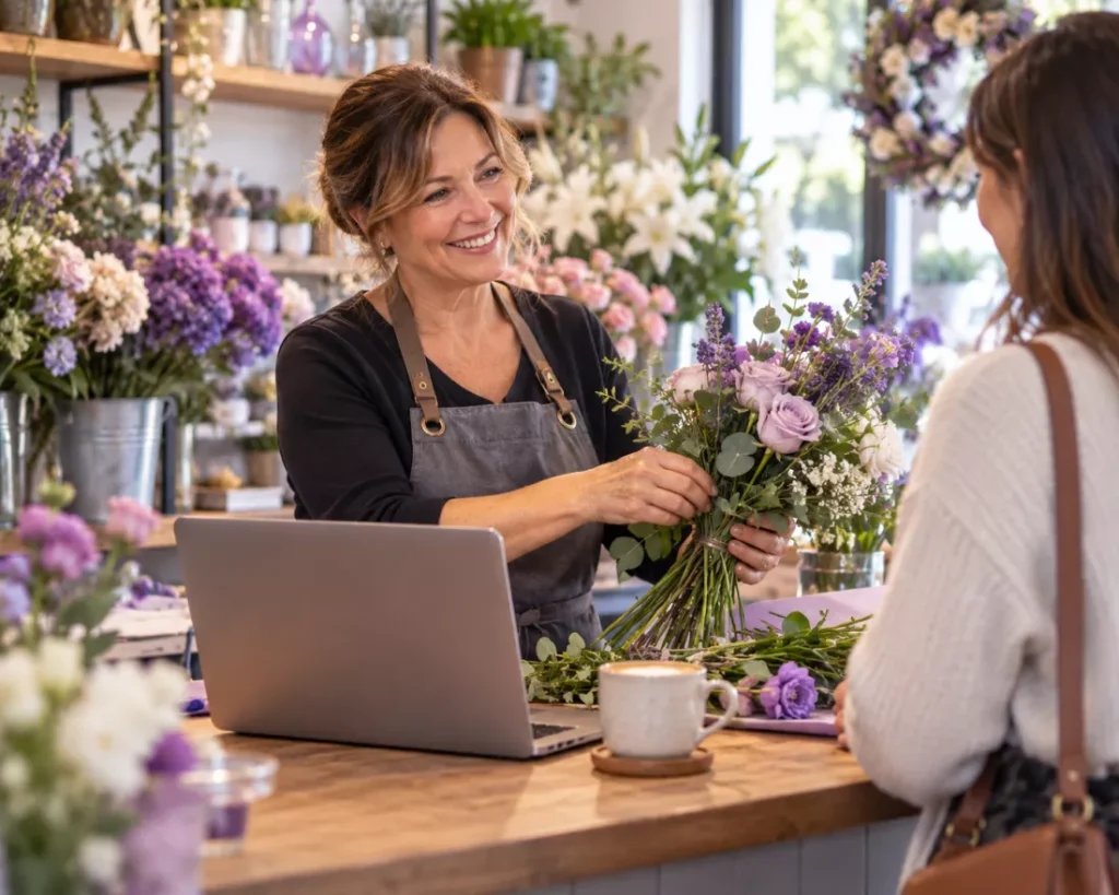 Florist serving a customer while her website is looked after