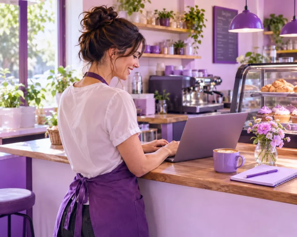 Cafe owner updating her own WordPress website on a laptop