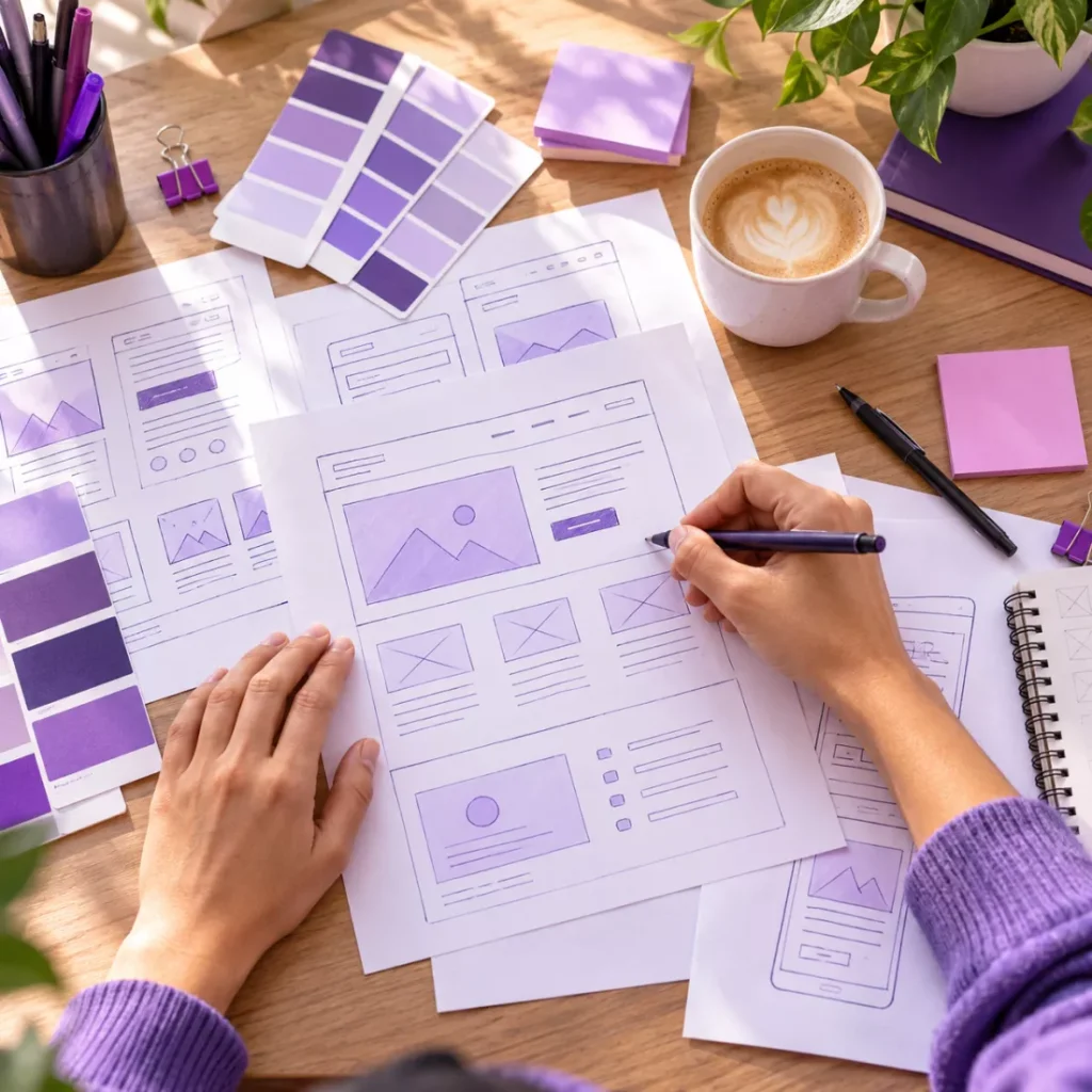 Website page layouts sketched on paper with colour swatches